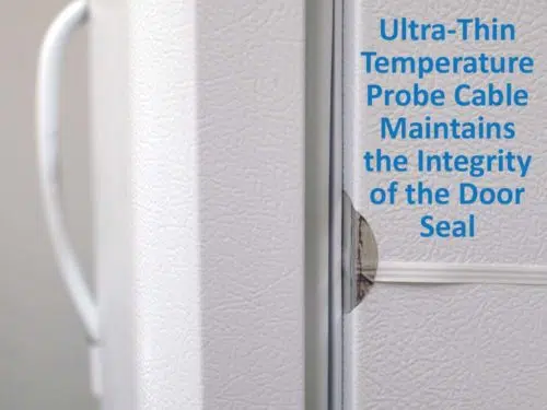 close up of ultra thin temperature probe cable at refrigerator door seal