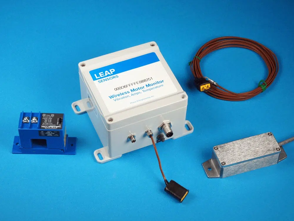 wireless motor monitor sensor temperature vibration current by Leap Sensors