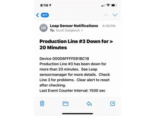 wireless sensor production counter and downtime timer warning message email