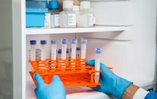 medical lab freezer with vials and medicines