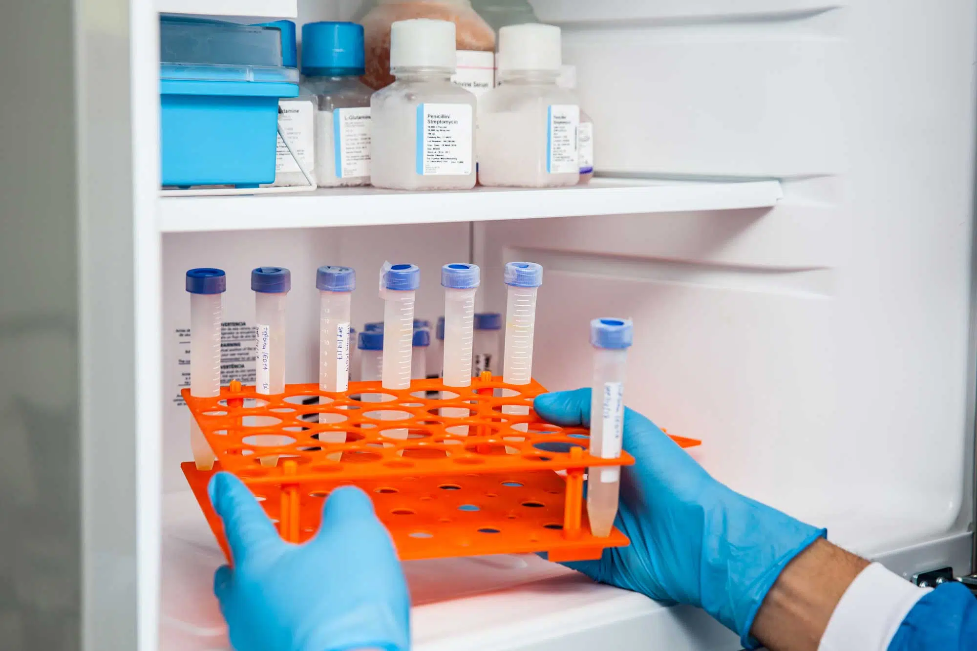 medical lab freezer with vials and medicines