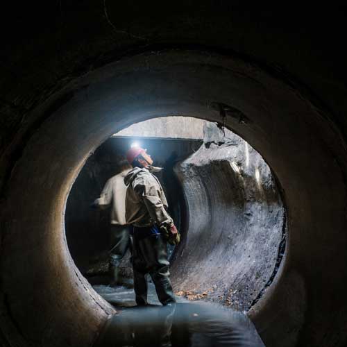 sewer tunnel worker examines sewer system