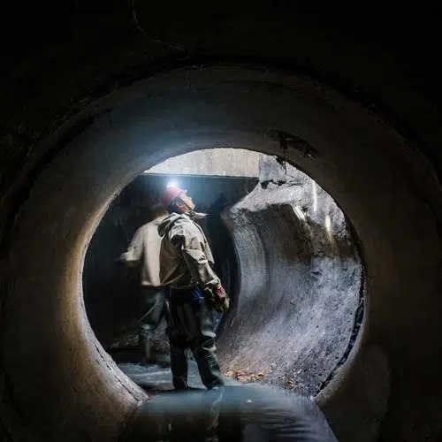 sewer tunnel worker examines sewer system