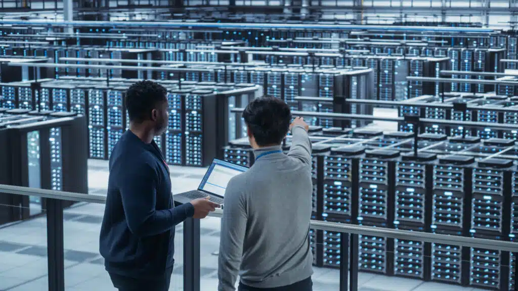 Two Multiethnic Male Data Center System Administrators and IT Specialists Talk, Use Laptop. Information Technology Engineers work on Cyber Security Network Protection in Cloud Computing Server Farm.