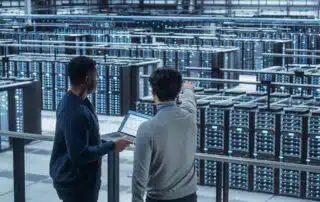 Two Multiethnic Male Data Center System Administrators and IT Specialists Talk, Use Laptop. Information Technology Engineers work on Cyber Security Network Protection in Cloud Computing Server Farm.