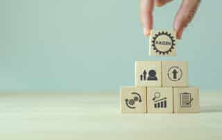 Kaizen concept; the continuous improvement in business for efficiency and effectiveness. Kaizen cycle icon on wood cubes; improve, continuous, process, result, standard solution. Quality improvement.