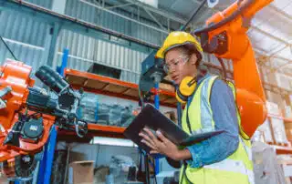 Engineer smart woman worker working programing robotic welding machine. Black teen girl work in advance modern factory.