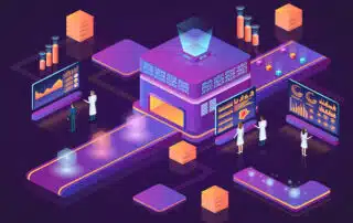 Data technology. Isometric 3D people. Business infographic. Work process. Workspace analysis. Innovation conveyor. Workers searching solutions. Statistic icons. Vector purple background