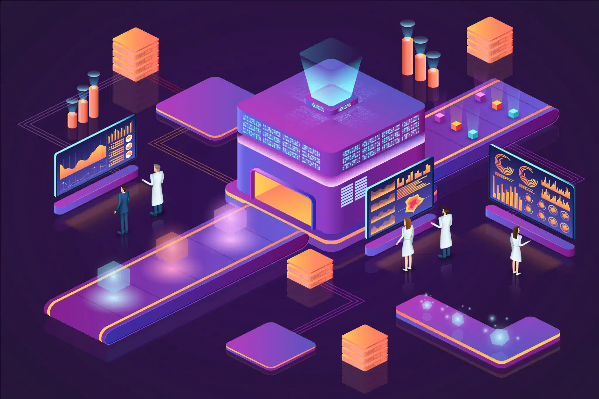 Data technology. Isometric 3D people. Business infographic. Work process. Workspace analysis. Innovation conveyor. Workers searching solutions. Statistic icons. Vector purple background