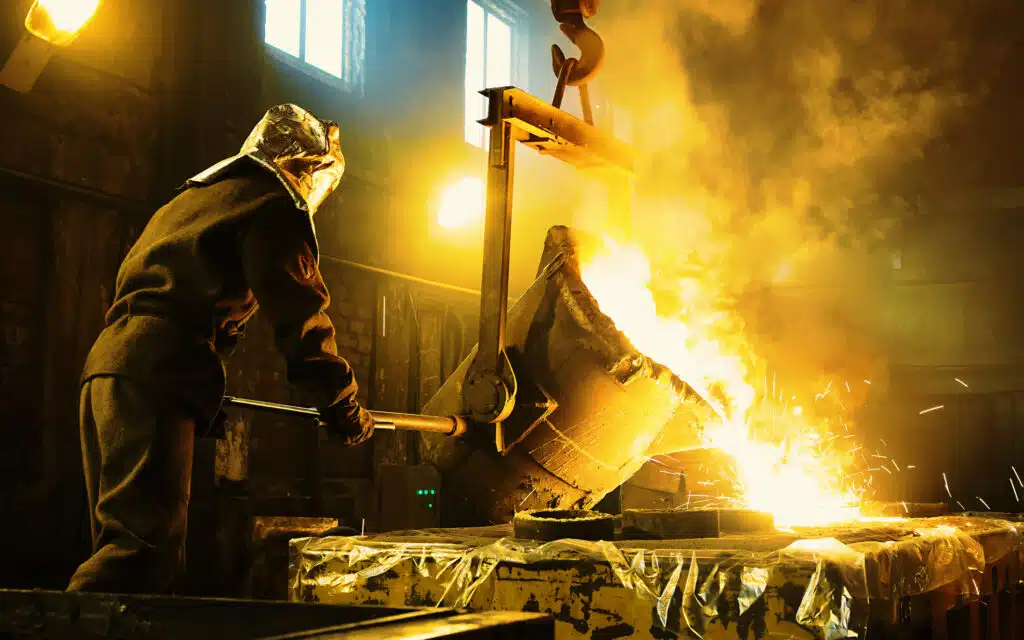Worker controlling metal melting in furnaces. Workers operates at the metallurgical plant.