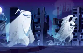 Spooky ghosts in destroyed abandoned city at night