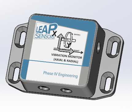 Rendering of a Leap vibration & temperature sensor transceiver node with flange mount